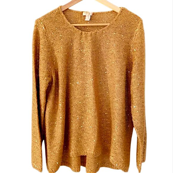 CHICO'S Perfect 4 Holiday! Shimmery Gold HiLo Pullover Knit Sweater Sequins - Picture 11 of 11